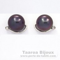 Rhodiated Sterling Silver Earrings and 2 Tahitian Pearls Round C 10.2 mm