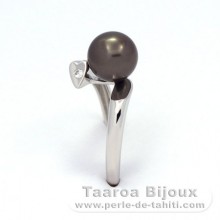 Rhodiated Sterling Silver Ring and 1 Tahitian Pearl Round A 7.6 mm