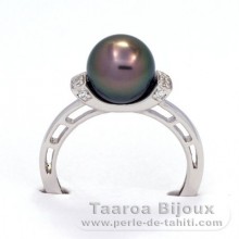Rhodiated Sterling Silver Ring and 1 Tahitian Pearl Round B 8.5 mm