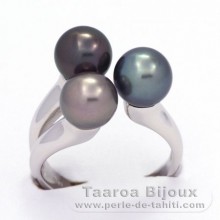 Rhodiated Sterling Silver Ring and 3 Tahitian Pearls Round C from 8 to 8.1 mm