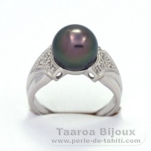 Rhodiated Sterling Silver Ring and 1 Tahitian Pearl Round C 9.6 mm