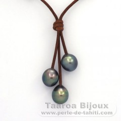 Leather Necklace and 3 Tahitian Pearls Semi-Baroque C  9.7 to 9.8 mm