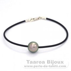 Rubber, Sterling Silver Bracelet and 1 Tahitian Pearl Round C 10.8 mm