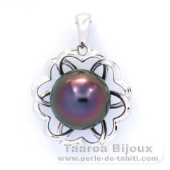 Rhodiated Sterling Silver Pendant and 1 Tahitian Pearl Semi-Baroque B 10.5 mm