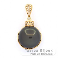 18K solid Gold Pendant + 35 diamonds and 1 Tahitian Pearl Round B 13.9 mm