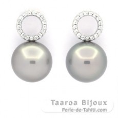 Rhodiated Sterling Silver Earrings and 2 Tahitian Pearls Round C 12.7 mm