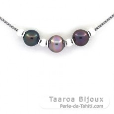 Rhodiated Sterling Silver Necklace and 3 Tahitian Pearls Semi-Baroque B/C from 10.1 to 10.6 mm