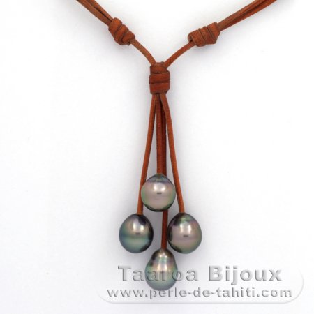 Leather Necklace and 4 Tahitian Pearls Semi-Baroque B/C from 9.7 to 10.1 mm