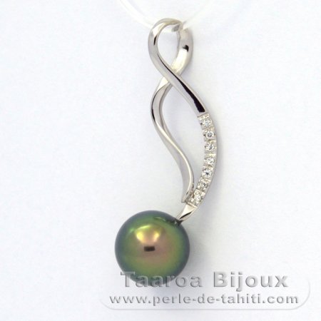 Rhodiated Sterling Silver Pendant and 1 Tahitian Pearl Round C+ 9.4 mm