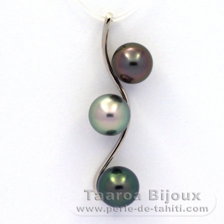 Rhodiated Sterling Silver Pendant and 3 Tahitian Pearls Round C from 8.8 to 8.9 mm