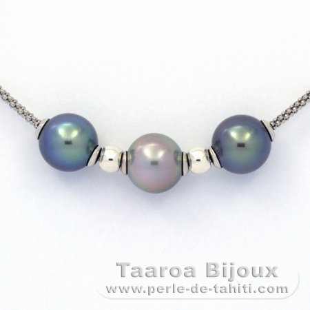 Rhodiated Sterling Silver Necklace and 3 Tahitian Pearls Round C+ from 10.2 to 10.4 mm