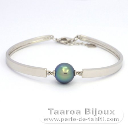 Rhodiated Sterling Silver Bracelet and 1 Tahitian Pearl Round C+ 10.6 mm