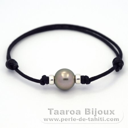 Waxed Cotton Bracelet and 1 Tahitian Pearl Round C 10.6 mm