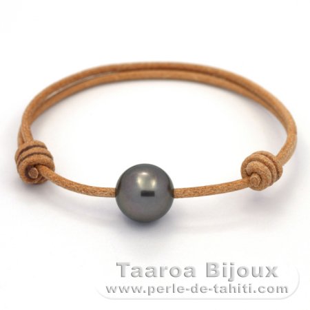 Leather Bracelet and 1 Tahitian Pearl Round C 12.3 mm