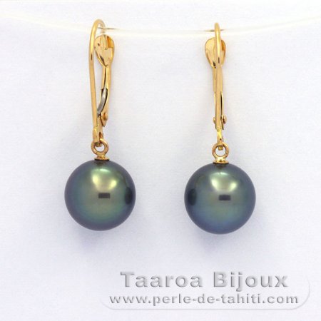 18K solid Gold Earrings and 2 Tahitian Pearls Round B+ 9 mm