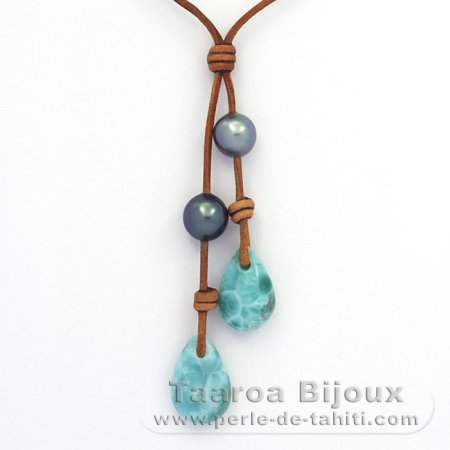 Leather Necklace, 2 Tahitian Pearls and 2 Larimar