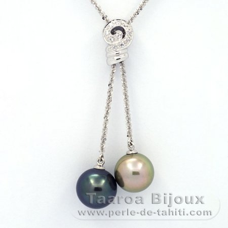 Rhodiated Sterling Silver Necklace and 2 Tahitian Pearls Round C+ 11.7 and 12 mm