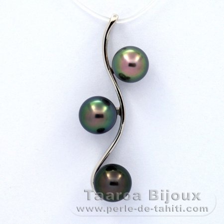 Rhodiated Sterling Silver Pendant and 3 Tahitian Pearls Semi-Baroque A/B 8 to 8.4 mm