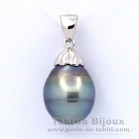 Rhodiated Sterling Silver Pendant and 1 Tahitian Pearl Ringed C 12.3 mm