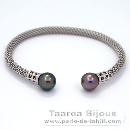 Rhodiated Sterling Silver Bracelet and 2 Tahitian Pearls Near-Round B 9 mm