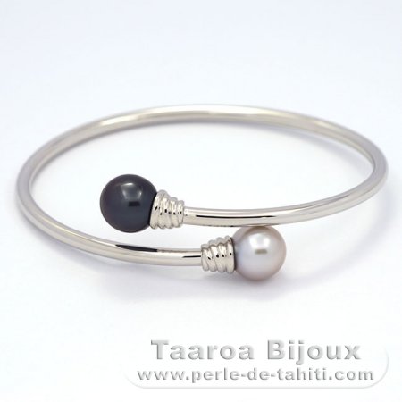 Rhodiated Sterling Silver Bracelet and 2 Tahitian Pearls Near-Round C 9.5 and 9.7 mm