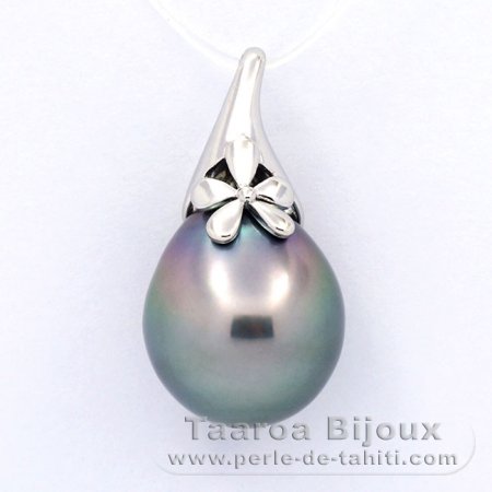 Rhodiated Sterling Silver Pendant and 1 Tahitian Pearl Semi-Baroque C 14.4 mm