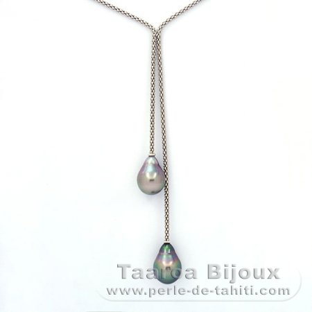 Rhodiated Sterling Silver Necklace and 2 Tahitian Pearls Semi-Baroque B 10 and 10.2 mm