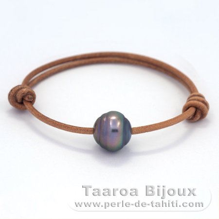 Leather Bracelet and 1 Tahitian Pearl Ringed C 13 mm