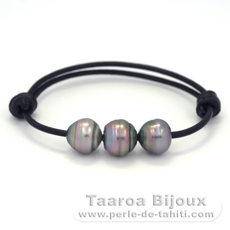 Leather Bracelet and 3 Tahitian Pearls Ringed C 11.5 to 11.8 mm