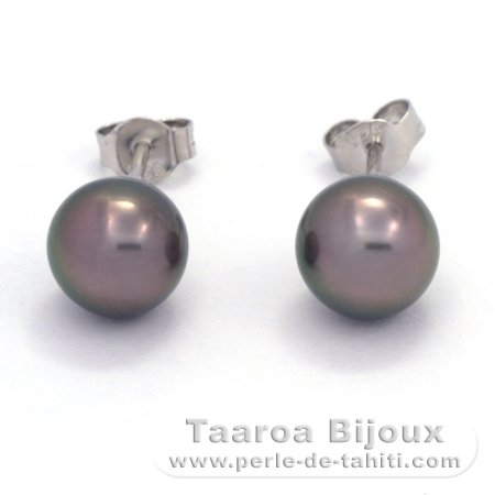 Rhodiated Sterling Silver Earrings and 2 Tahitian Pearls Round C 8.2 mm