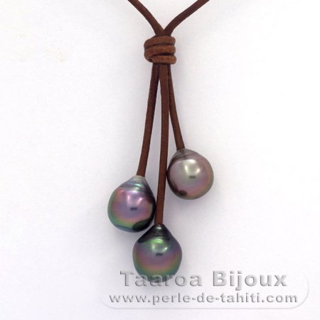 Leather Necklace and 3 Tahitian Pearls Semi-Baroque B  9.7 to 10.2 mm