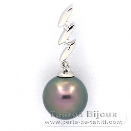 Rhodiated Sterling Silver Pendant and 1 Tahitian Pearl Round C 9.4 mm