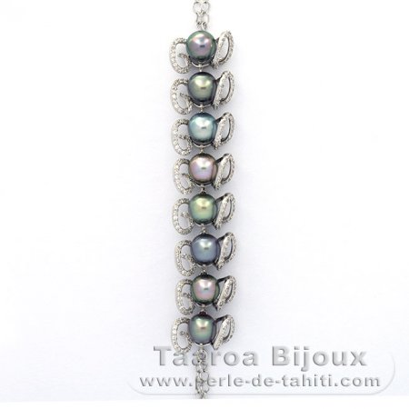 Rhodiated Sterling Silver Bracelet and 8 Tahitian Pearls Semi-Baroque B  8.6 to 8.8 mm