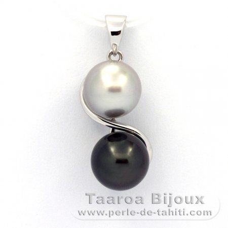 Rhodiated Sterling Silver Pendant and 2 Tahitian Pearls Near-Round C 8.2 and 8.4 mm