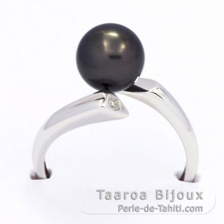 Rhodiated Sterling Silver Ring and 1 Tahitian Pearl Round B 8.3 mm