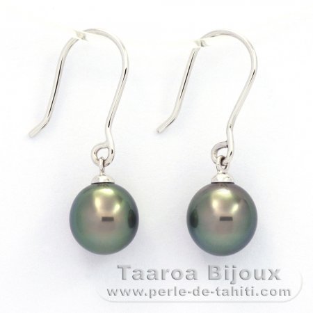 18K Solid White Gold Earrings and 2 Tahitian Pearls Near-Round B 8.2 mm