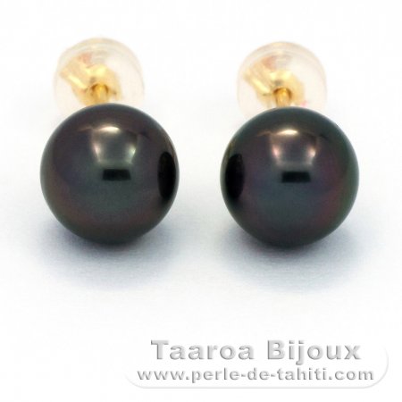 18K solid Gold Earrings and 2 Tahitian Pearls Round C 8.1 mm