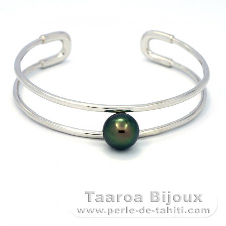 Rhodiated Sterling Silver Bracelet and 1 Tahitian Pearl Round C 10.3 mm