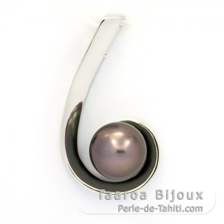 Rhodiated Sterling Silver Pendant and 1 Tahitian Pearl Round C 9 mm