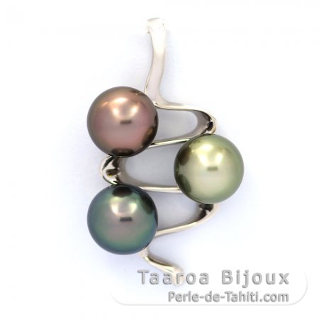 Rhodiated Sterling Silver Pendant and 3 Tahitian Pearls Near-Round C 9.1 to 9.2 mm
