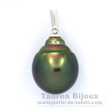 Rhodiated Sterling Silver Pendant and 1 Tahitian Pearl Ringed C 12.3 mm