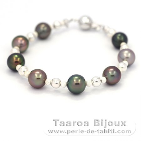 Rhodiated Sterling Silver Bracelet and 8 Tahitian Pearls Semi-Round C 8.7 to 9 mm