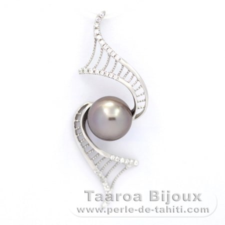 Rhodiated Sterling Silver Pendant and 1 Tahitian Pearl Round C 8.9 mm