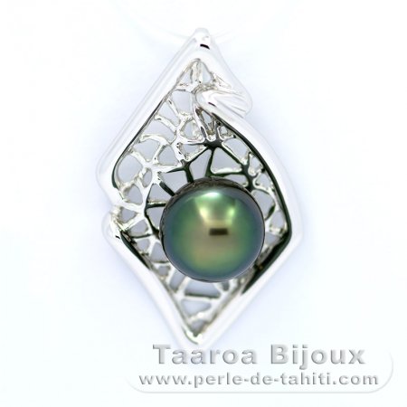 Rhodiated Sterling Silver Pendant and 1 Tahitian Pearl Near-Round C 9.8 mm