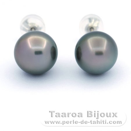 Rhodiated Sterling Silver Earrings and 2 Tahitian Pearls Round C 10.8 mm