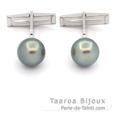 Rhodiated Sterling Silver Cufflinks and 2 Tahitian Pearls Round C 10.6 mm