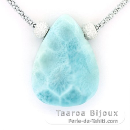 Rhodiated Sterling Silver Necklace and 1 Larimar - 27 x 20 x 7 mm - 6.8 gr