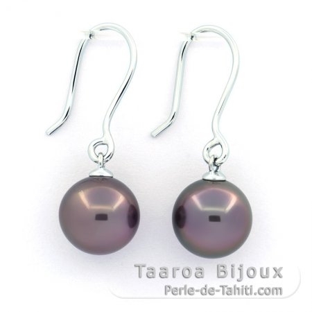 Rhodiated Sterling Silver Earrings and 2 Tahitian Pearls Round BC 9.1 mm