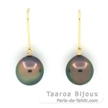 14K solid Gold Earrings and 2 Tahitian Pearls Semi-Baroque B 9.7 mm