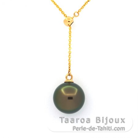 18K solid Gold Necklace and 1 Tahitian Pearl Round A 9.3 mm